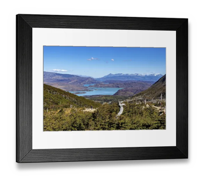 Framed Print : Sweeping views over lakes, forests and distant mountains under a blue sky