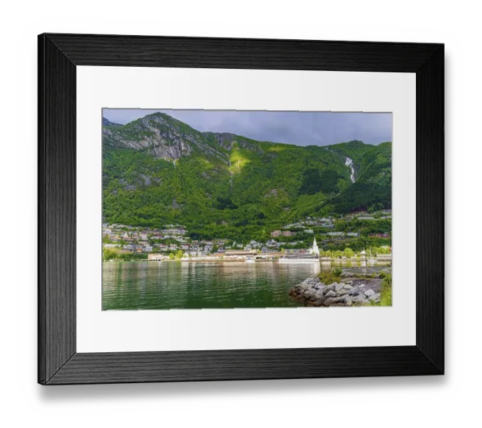 Framed Print : Magnificent Hardanger fjord between forested mountains