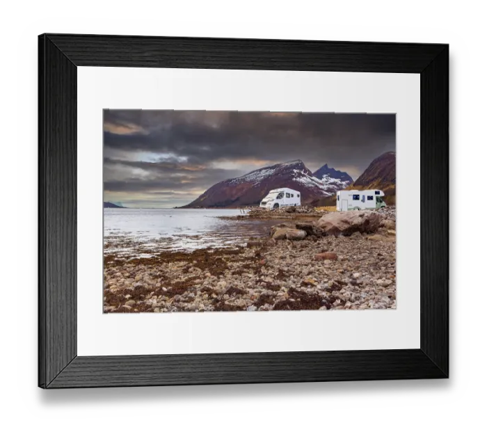 Framed Print : A caravan or mobile home in front of fjord in Norway
