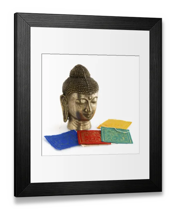 Framed Print : Buddhism religion with buddha and colored flags