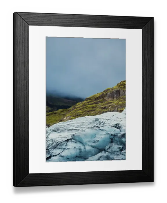 Framed Print : Glacier with misty mountains and lush green hills in the background