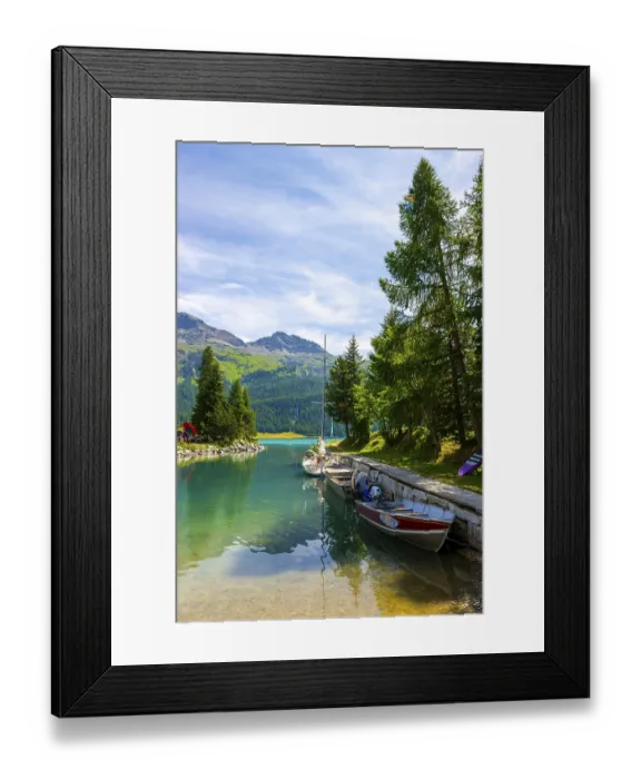 Framed Print : Port with Boat on the Beautiful Alpine Lake Silvaplana with Mountain View in the Swiss Alps in a Sunny Summer Day