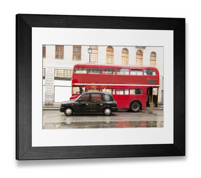Framed Print : Red vintage bus and classic style taxi in London