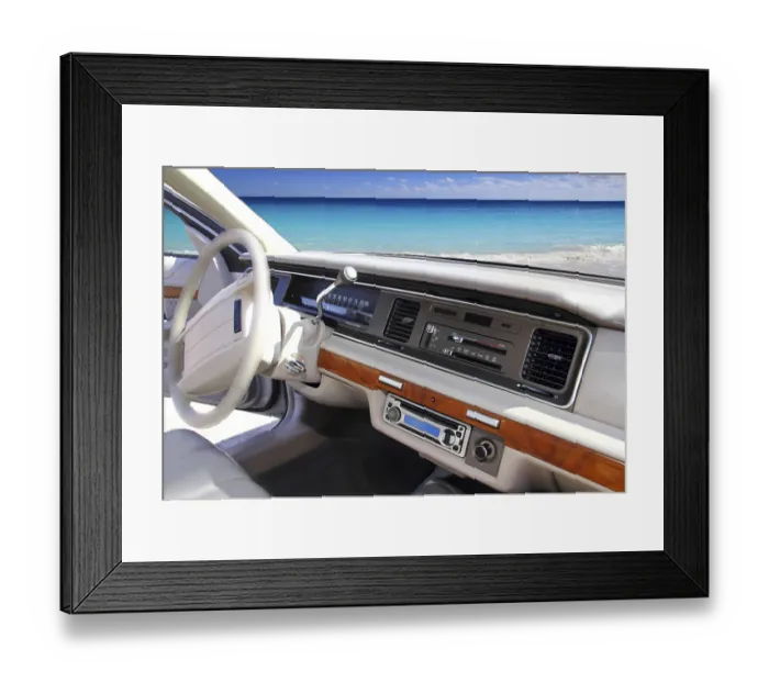 Framed Print : Retro vintage car indoor with tropical Caribbean beach in window Framed Print : Retro vintage car indoor with tropical Caribbean beach in window