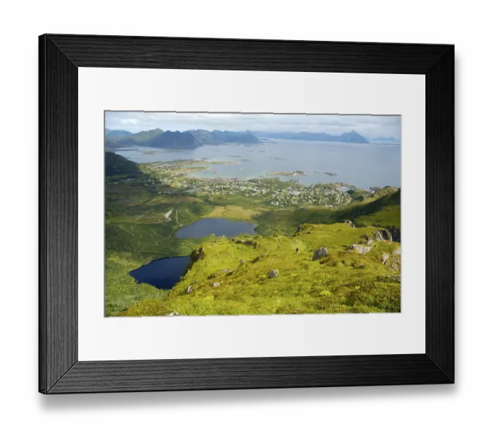 Framed Print : View from above onto Stamsund and the surrounding Vestvagoya Lofoten Norway