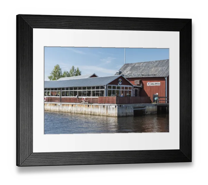 Framed Print : Borka, Gavleborgs Lan, Sweden, 08 02 2019: Restuarant and terrace on a pier called Borka Brygga on a camping Framed Print : Borka, Gavleborgs Lan, Sweden, 08 02 2019: Restuarant and terrace on a pier called Borka Brygga on a camping