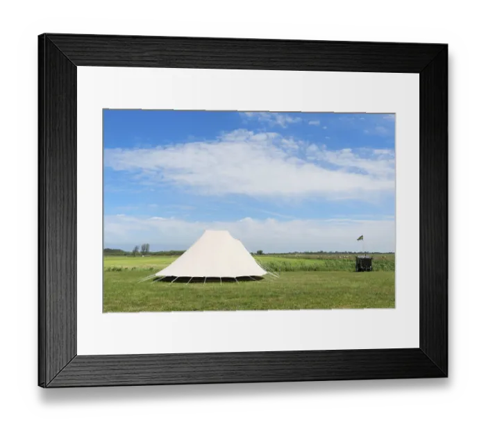 Framed Print : Landscape Camping with tent in meadows with cows