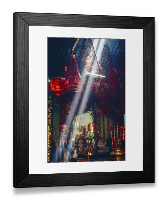Framed Print : Scanned slide of a historical colour photograph with clouds of smoke from incense sticks inside a Buddhist pagoda Framed Print : Scanned slide of a historical colour photograph with clouds of smoke from incense sticks inside a Buddhist pagoda