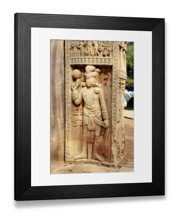Framed Print : Showing stories of Buddha on lower panel of north pillar front side of eastern gateway of stupa 1