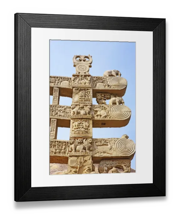 Framed Print : Details of north pillar of eastern gateway with three pales showing stories of Buddha stupa No 1