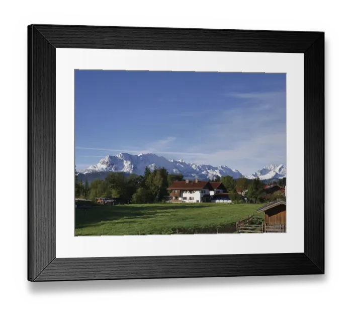 Framed Print : View over the farms in the Isar valley to the first snow in the Wetterstein mountains