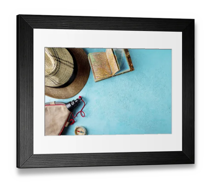 Framed Print : Compass, atlas, hat, flask on a blue background Framed Print : Compass, atlas, hat, flask on a blue background