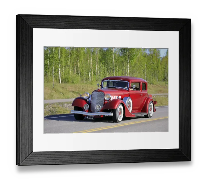 Framed Print : Salo, Finland. May 18, 2019. Beautiful red Lincoln KA classic car