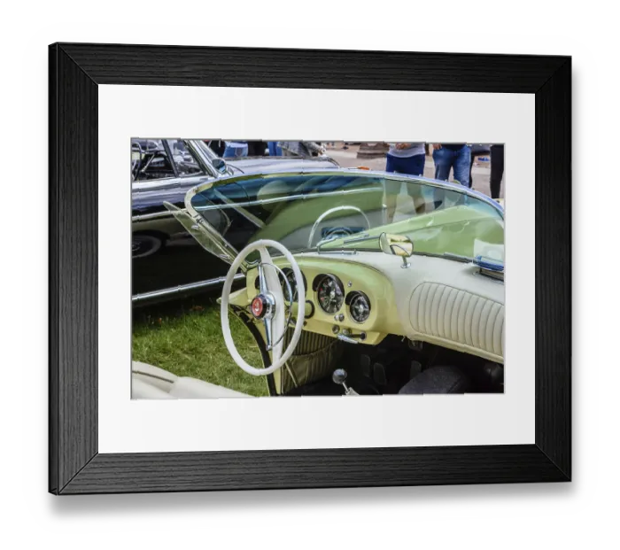 Framed Print : BADEN BADEN, GERMANY - JULY 2019: white leather interior of the beige KAISER DARRIN cabrio roadster 1954