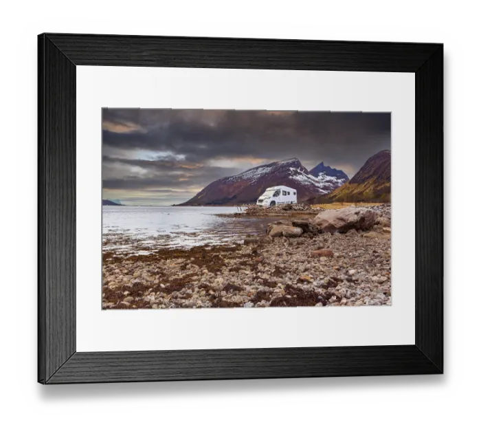 Framed Print : A Caravan or mobile home in front of fjord in Norway