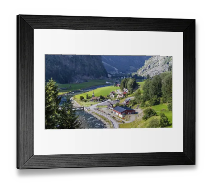 Framed Print : View on little village from the most beautiful train journey Flamsbana between Flam Framed Print : View on little village from the most beautiful train journey Flamsbana between Flam