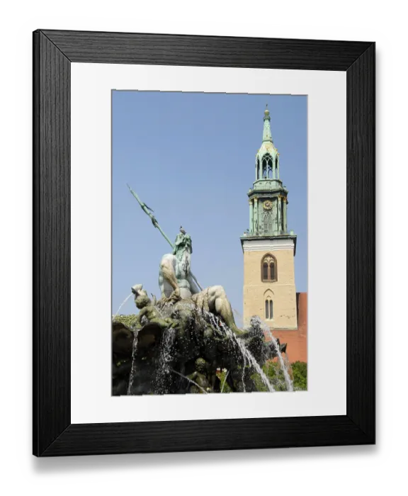 Framed Print : Neptunbrunnen Neptun fountain and bell tower of St
