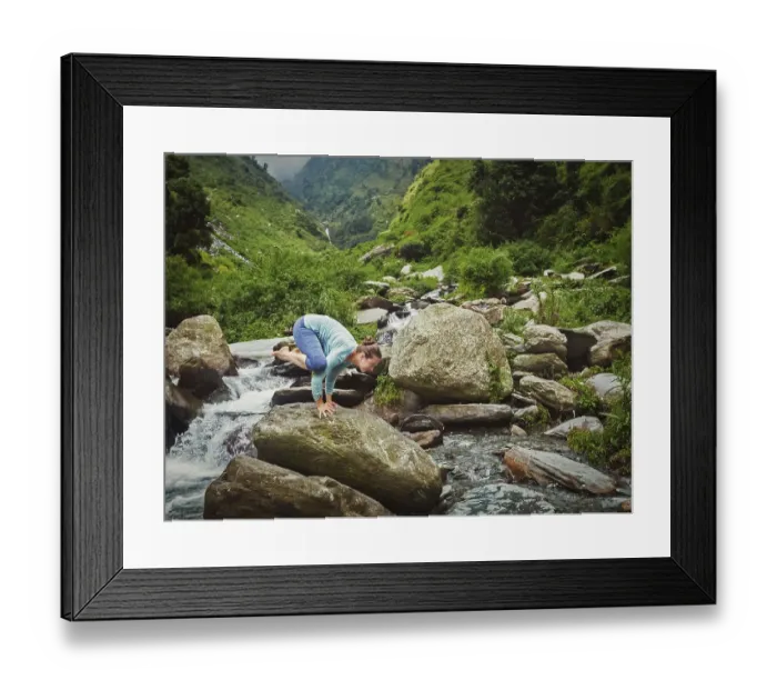 Framed Print : Woman doing Kakasana asana, crow pose arm balance outdoors at tropical waterfall Framed Print : Woman doing Kakasana asana, crow pose arm balance outdoors at tropical waterfall