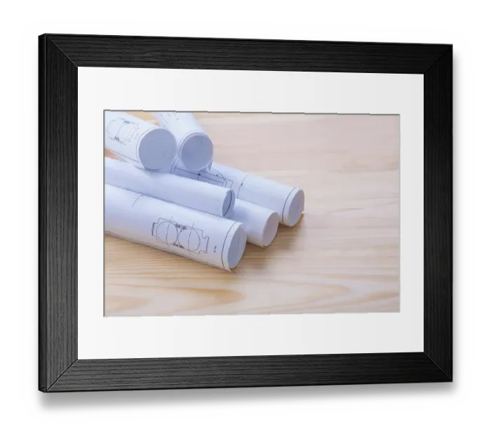 Framed Print : White blueprints on wooden boards with copyspace horizontal version Framed Print : White blueprints on wooden boards with copyspace horizontal version