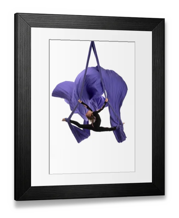 Framed Print : Full body side view of slim female aerial silks performer doing acrobatic splits while hanging on purple fabric against