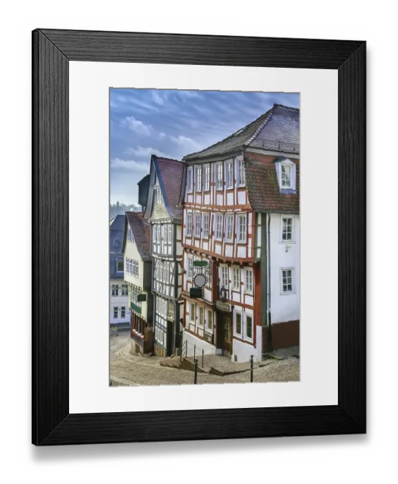 Framed Print : Street in Marburg with half-timbered houses