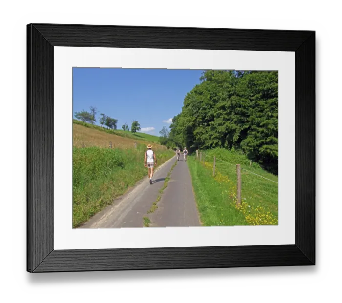 Framed Print : Farm track, fields, meadows, trees, hikers Framed Print : Farm track, fields, meadows, trees, hikers