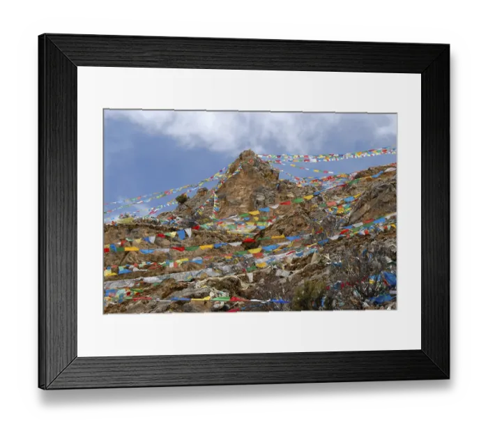 Framed Print : Tibetan Buddhism many colourful prayer flags at steep mountain Drak Yerpa Tibet China