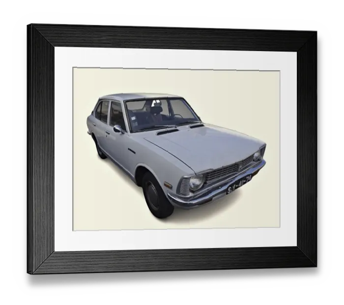 Framed Print : Classic white Toyota Corolla car parked on a seamless white background