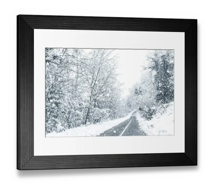 Framed Print : Winter forest snow road. Forest road winter snow view