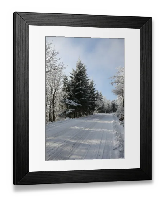 Framed Print : Winter road to wood. The trees covered with snow and ski traces on snow