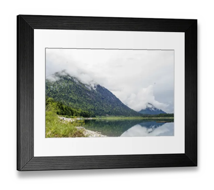 Framed Print : Vorderriss, Bavaria, Germany, A tranquil lake reflects forested mountains and clouds