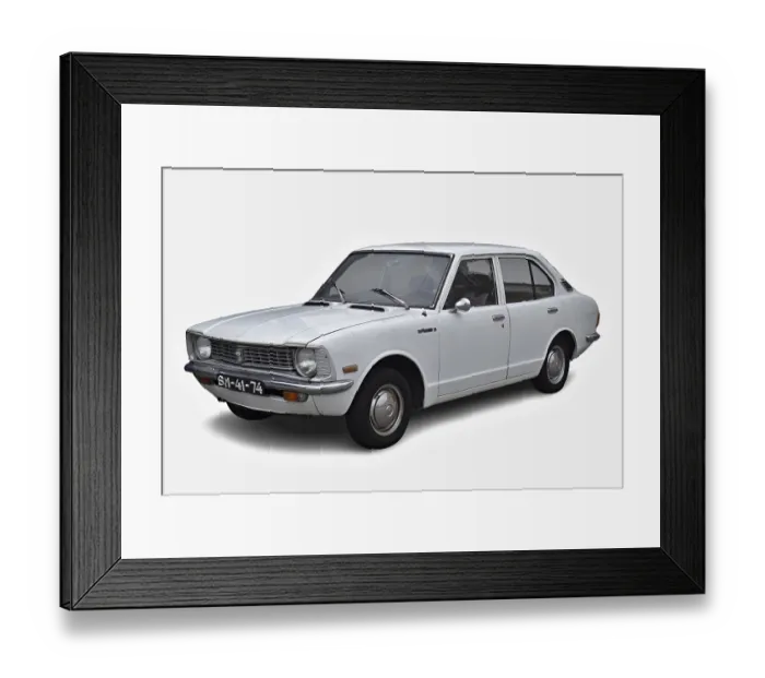 Framed Print : Classic white Toyota Corolla parked on a white background Framed Print : Classic white Toyota Corolla parked on a white background