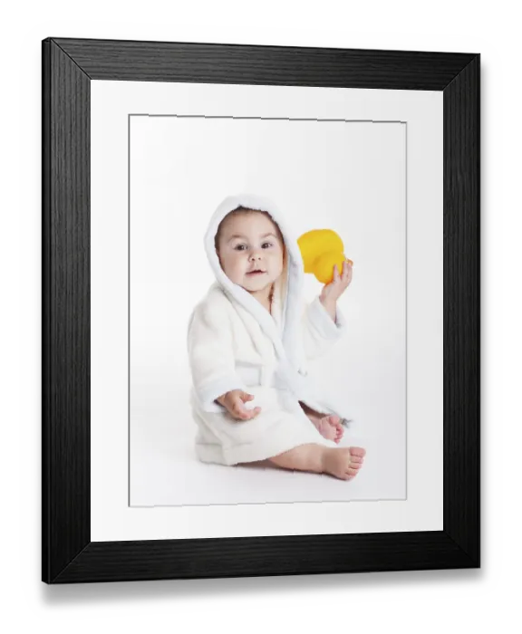 Framed Print : Baby in a bathrobe go to a bath with yellow duck