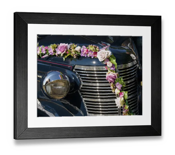 Framed Print : Vintage car with flowery decoration and shiny chrome grille Framed Print : Vintage car with flowery decoration and shiny chrome grille