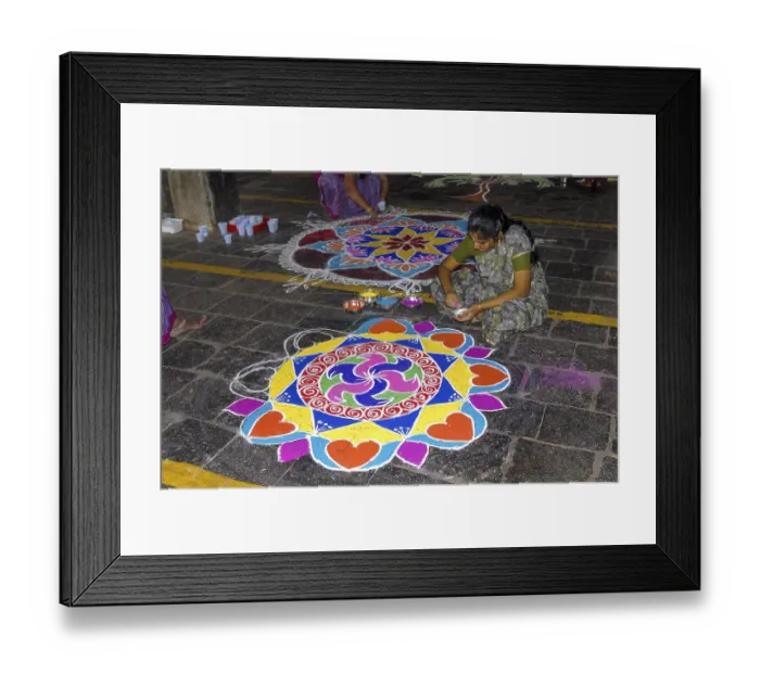 Framed Print : Drawing kolam, rangoli inside the temple floor Framed Print : Drawing kolam, rangoli inside the temple floor