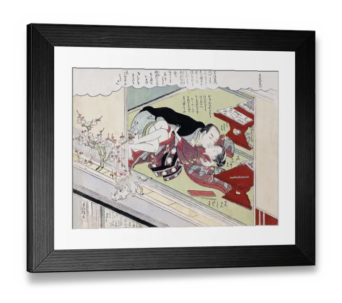 Framed Print : This shunga is one of Harunobu's series of 24 woodblock prints