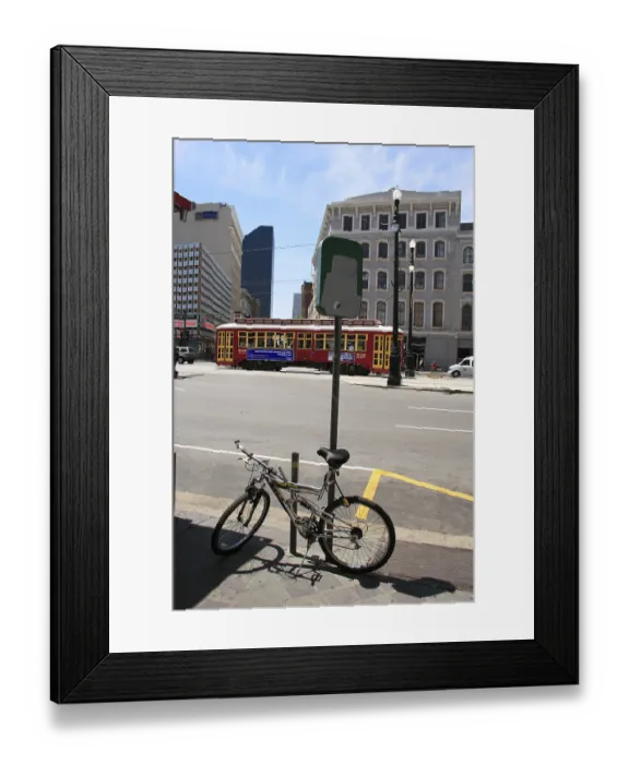 Framed Print : Bicycle and street cars, Canal street Framed Print : Bicycle and street cars, Canal street
