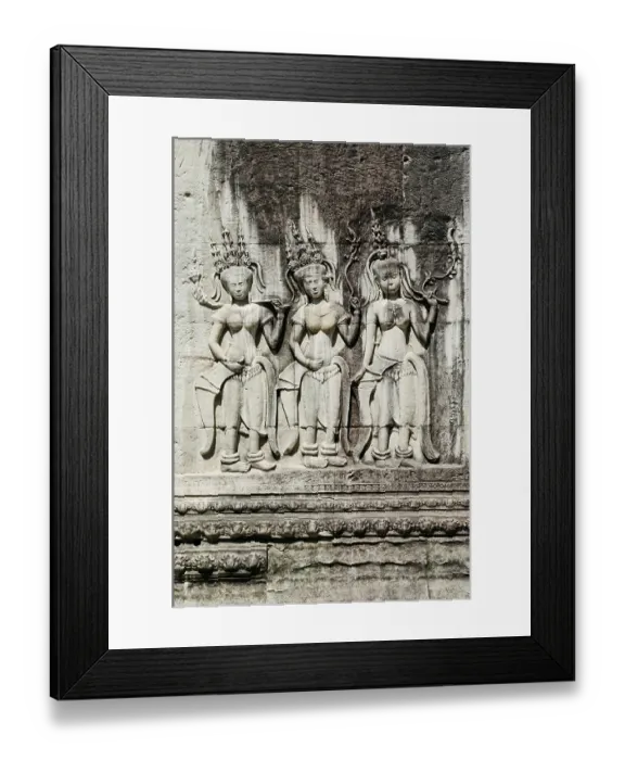 Framed Print : Ancient asian stone carved figures in buddhist angkor wat temple cambodia