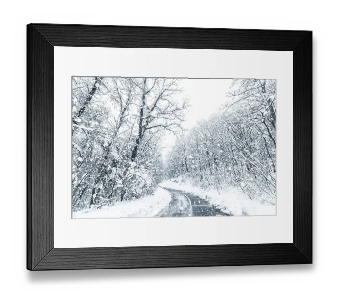 Framed Print : Winter forest snow road. Forest road winter snow view Framed Print : Winter forest snow road. Forest road winter snow view