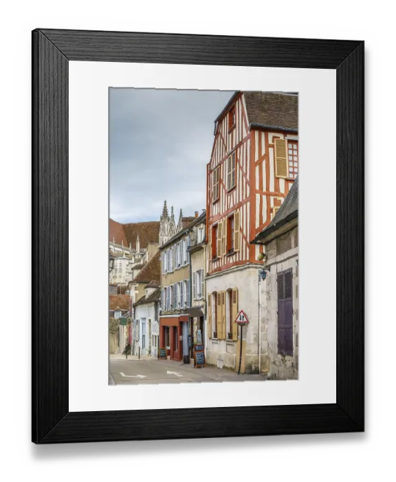 Framed Print : Strret with historical half-timbered houses in Auxerre downtown