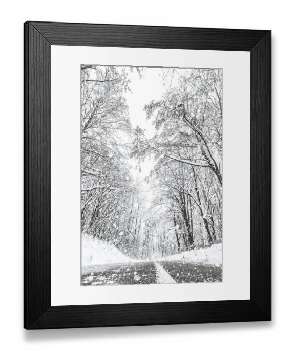 Framed Print : Winter forest snow road. Forest road winter snow view