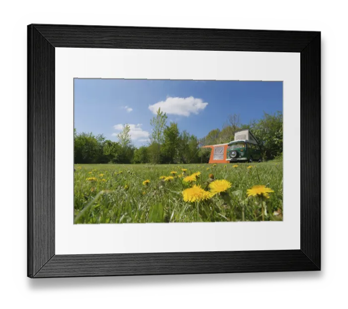 Framed Print : Green classic mobil home at campground
