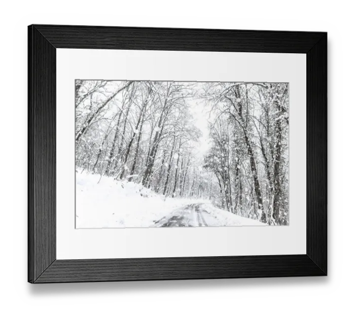 Framed Print : Winter forest snow road. Forest road winter snow view