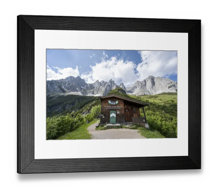 Framed Print : Mountain hut Ackerlhutte, rocky mountain peaks behind Framed Print : Mountain hut Ackerlhutte, rocky mountain peaks behind