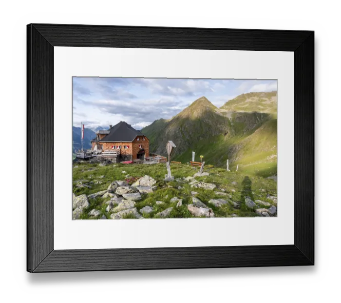 Framed Print : Mountain hut Lasorlinghutte in the evening light Framed Print : Mountain hut Lasorlinghutte in the evening light