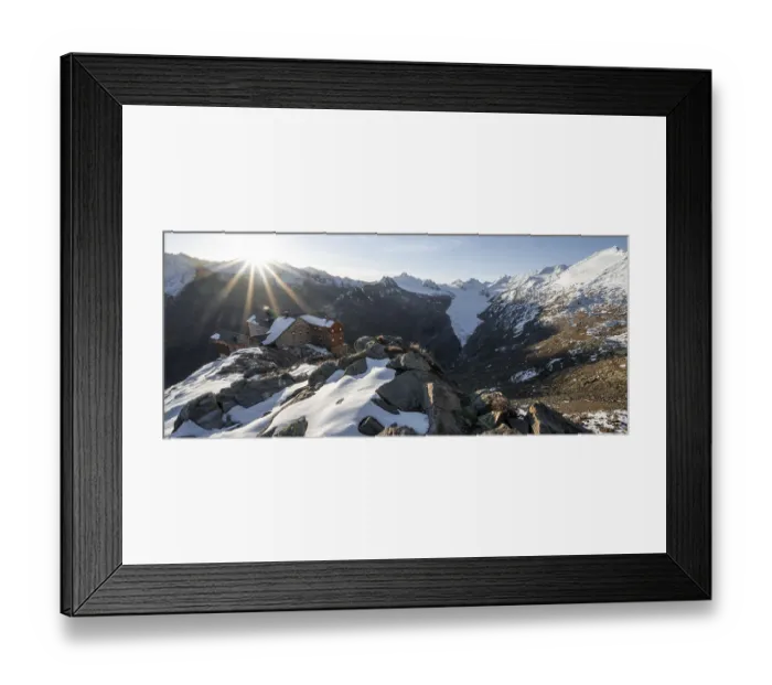 Framed Print : Mountain panorama and glacier, mountain hut Ramolhaus in autumn with snow