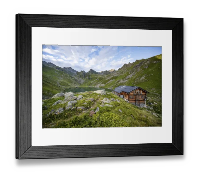 Framed Print : Cabane du Louvie mountain hut and Lac du Louvie mountain lake Framed Print : Cabane du Louvie mountain hut and Lac du Louvie mountain lake