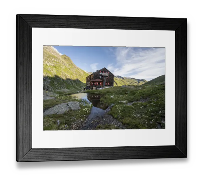 Framed Print : Mountain hut Elberfelderhutte with small lake and cotton grass