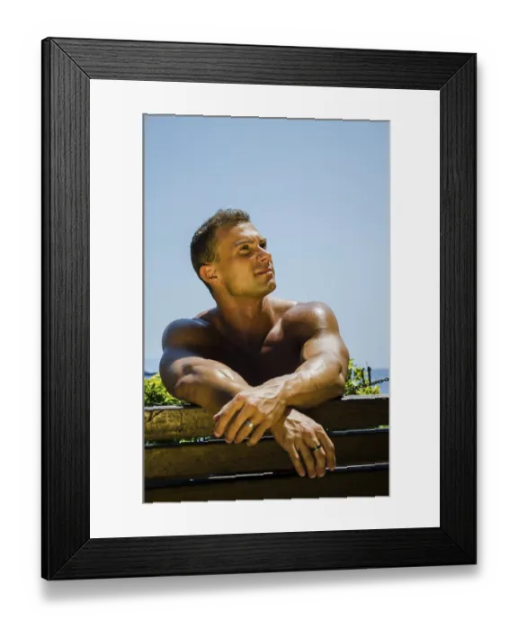 Framed Print : Handsome Muscular Shirtless Hunk Man Outdoor at Seaside Looking at Camera