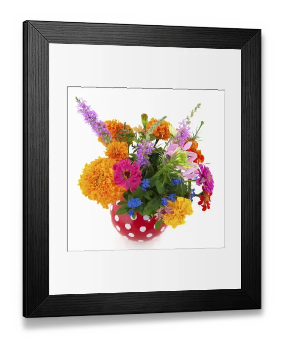 Framed Print : Cheerful summer bouquet flowers in speckles vase Framed Print : Cheerful summer bouquet flowers in speckles vase